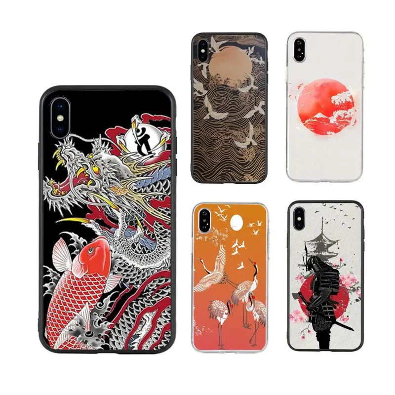 

Japanese style Art Crane Fuji Mountain Wave aesthetic Phone Case for iPhone X XR Xs Max 11 11Pro 11ProMax 12 12pro luxury fundas, Black/transparent