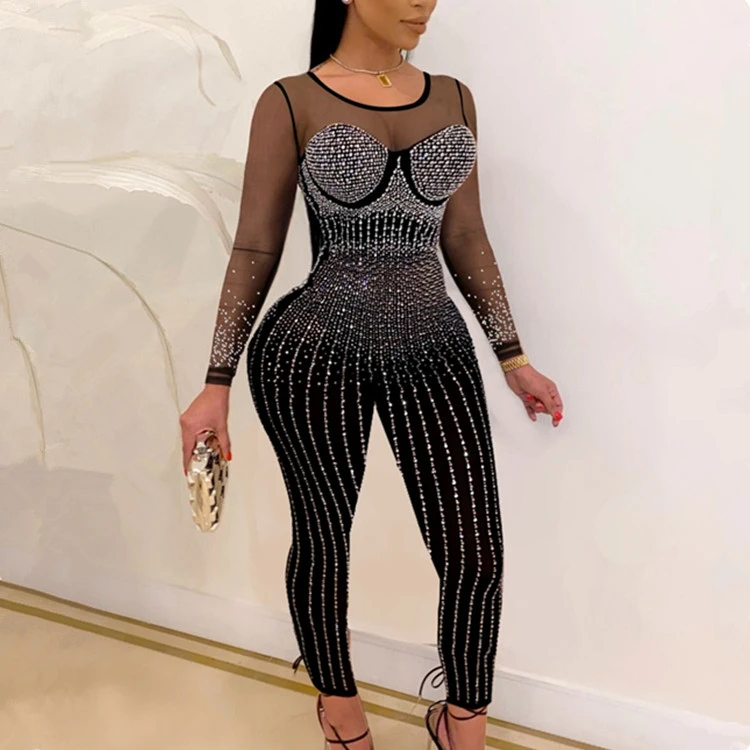 

New arrivals Sexy women jumpsuits rhinestone Long Sleeve one piece jumpsuits