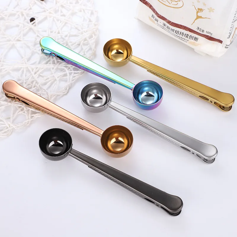 

Custom Logo Multifunction Metal Coffee Spoon with Bag Clip Food Grade measuring scoop Stainless Steel 15ml measuring spoon, As shown or customized color