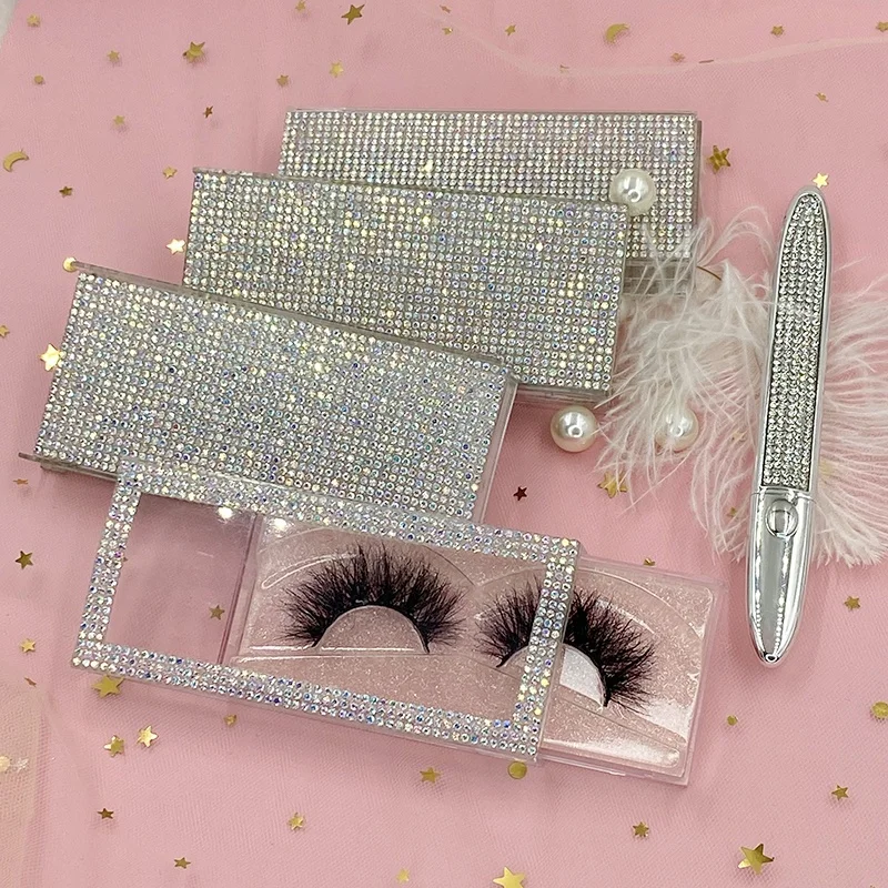 

Transparent eyelash packaging box with tray luxury crystal silide drawer glitter diamonds eyelash boxes