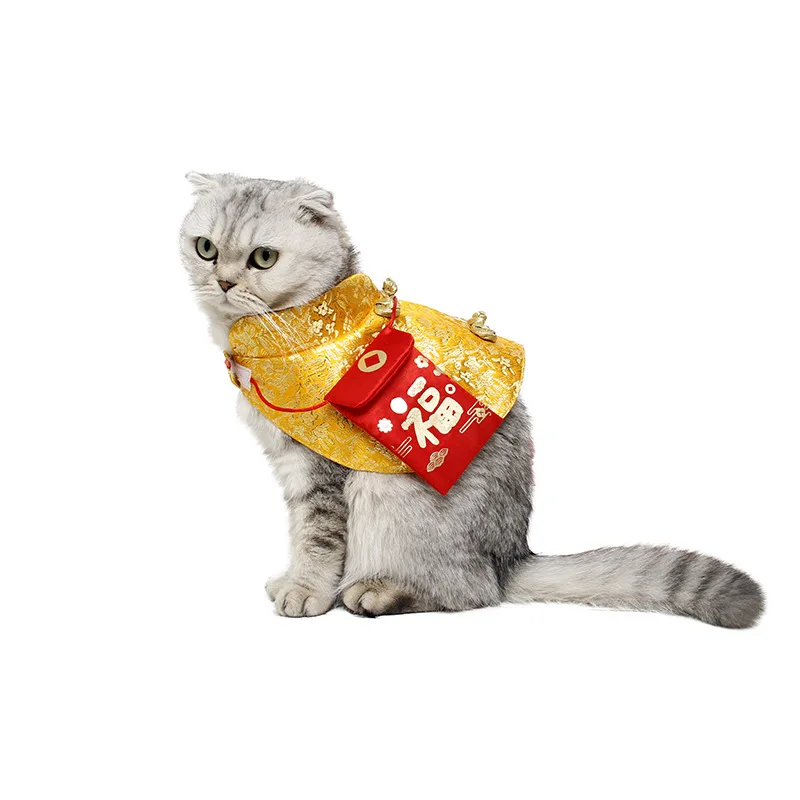 

New Year Tang Suit Luxury Small Red Envelope Festive Cloak Warm Kitten Chinese Traditional Style Jacket Cat Coat Pet Clothes, Red, purple, yellow