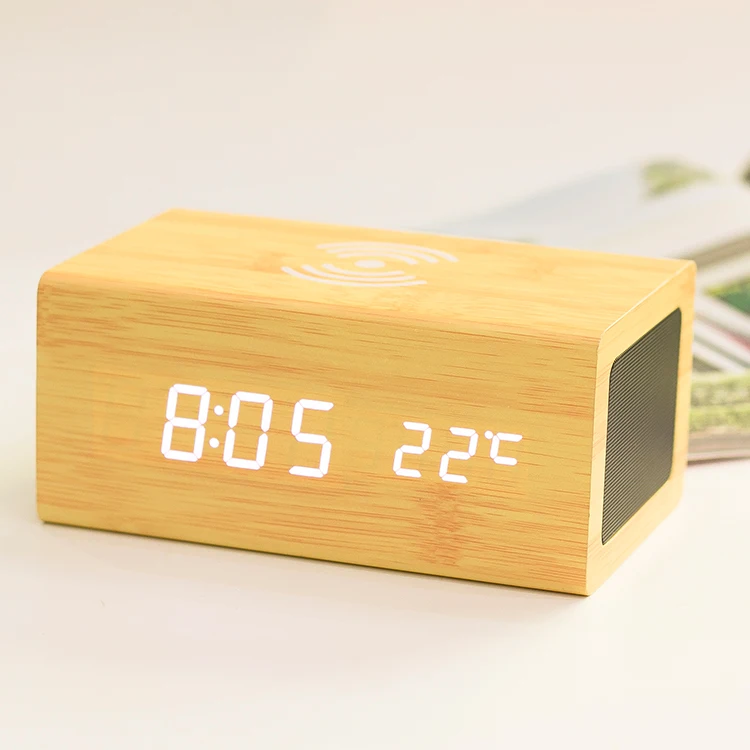 

EMAF Table&desk board children luxury electric wooden engraved Qi wireless charging bt speaker led digital alarm clock, Black/ white/brown/bamboo