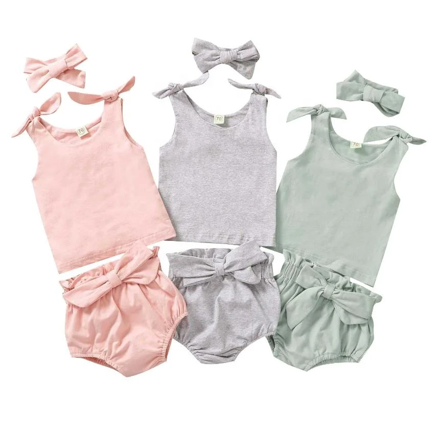 

Three pieces baby girls' summer clothing sets infants cotton headands, shirts and shorts toddlers sleeveless clothes, As picture