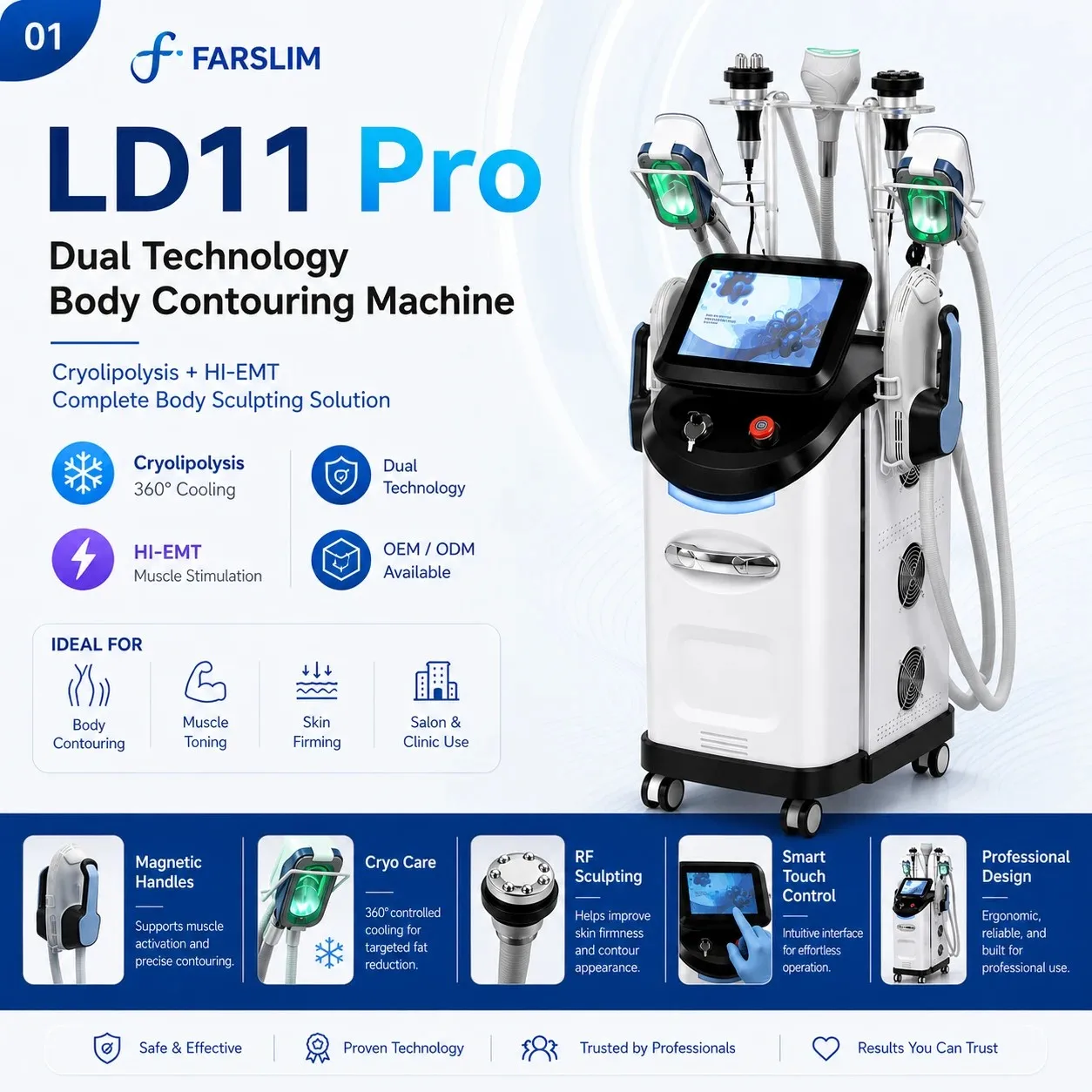 FARSLIM LD11 Pro dual-technology body contouring machine with cryolipolysis and HI-EMT applicators.