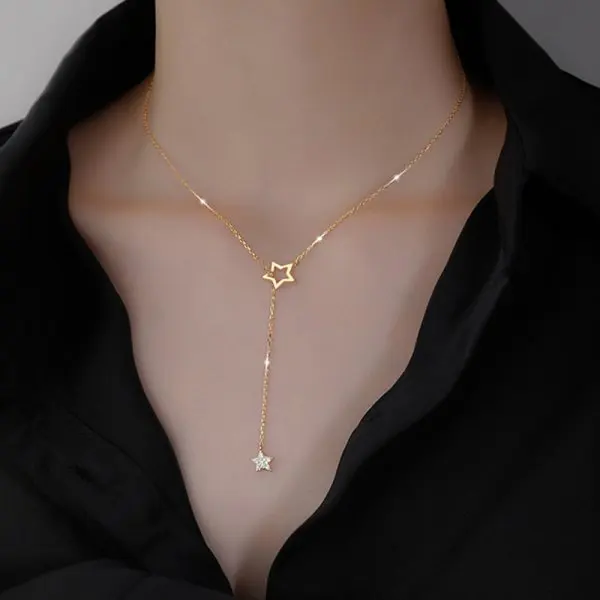 

Wholesale Trendy Necklaces Jewelry Pentagram Tassel Long Chain Hollow Star Zircon Collars Pendant Choker Necklaces, Silver gold