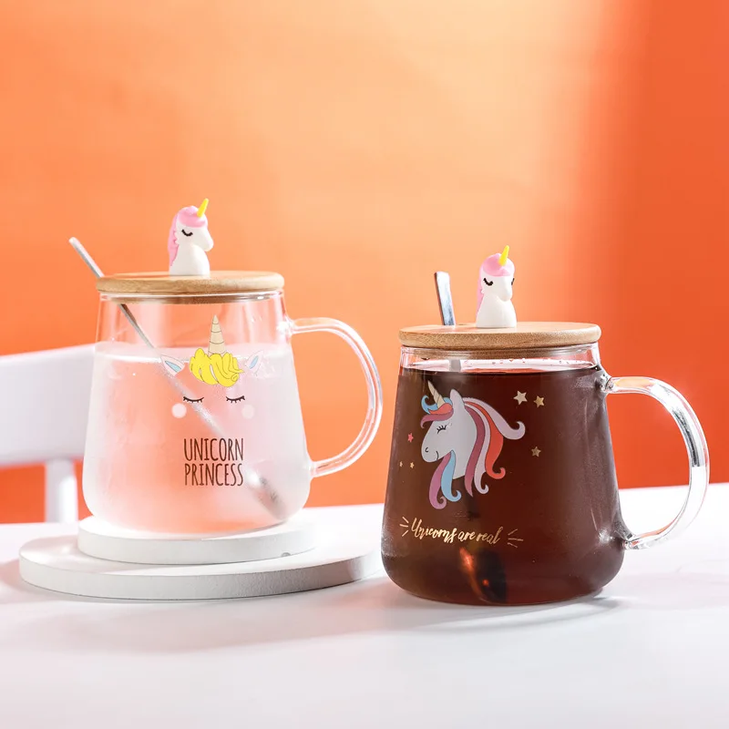 

Cute Glass Unicorn Mug Drinking Glass Cups With Wooden Lid, Clear