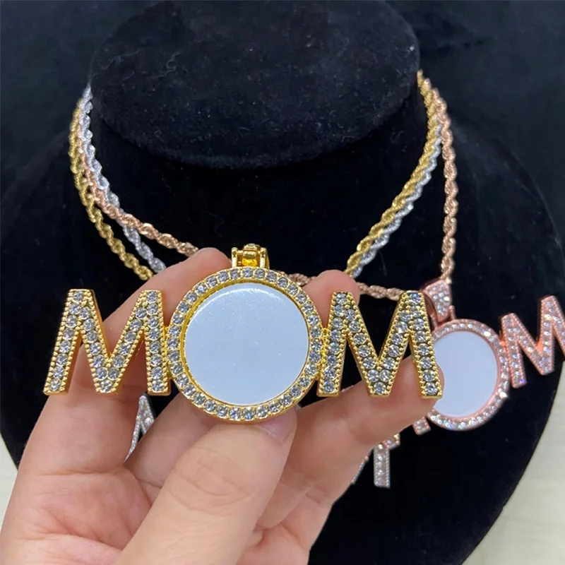 

New Arrival Customized Photo Jewelry Blanks Sublimation MOM Necklace With Rope Chain For Mother's Gifts, Silver /gold/rose gold
