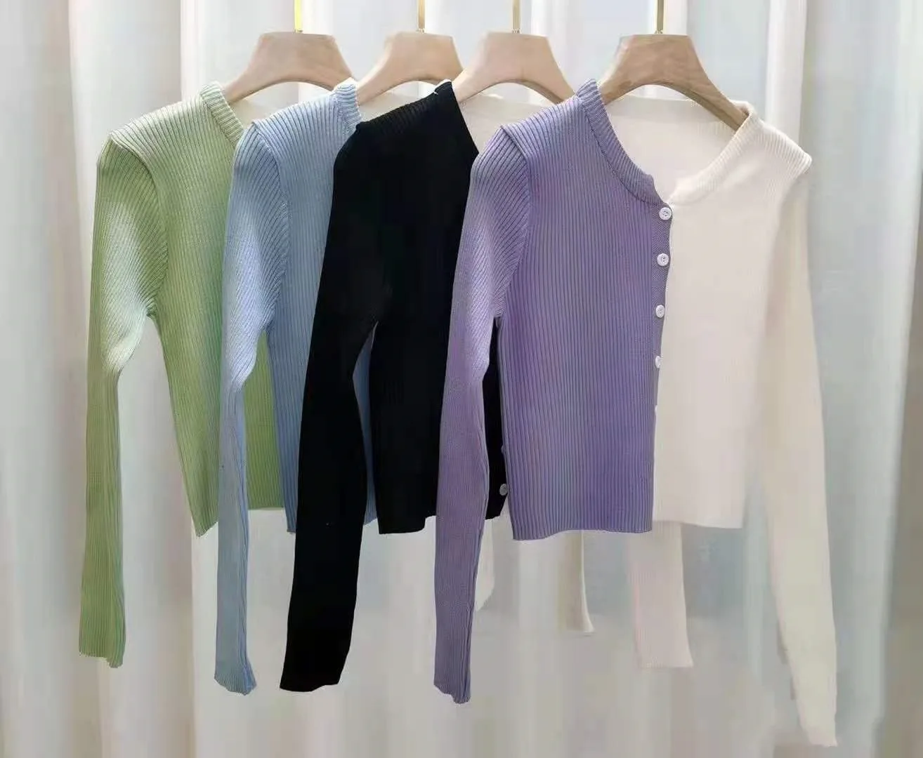 

new stitching contrast color sexy short cropped wool knitted cardigan T-shirt slim top