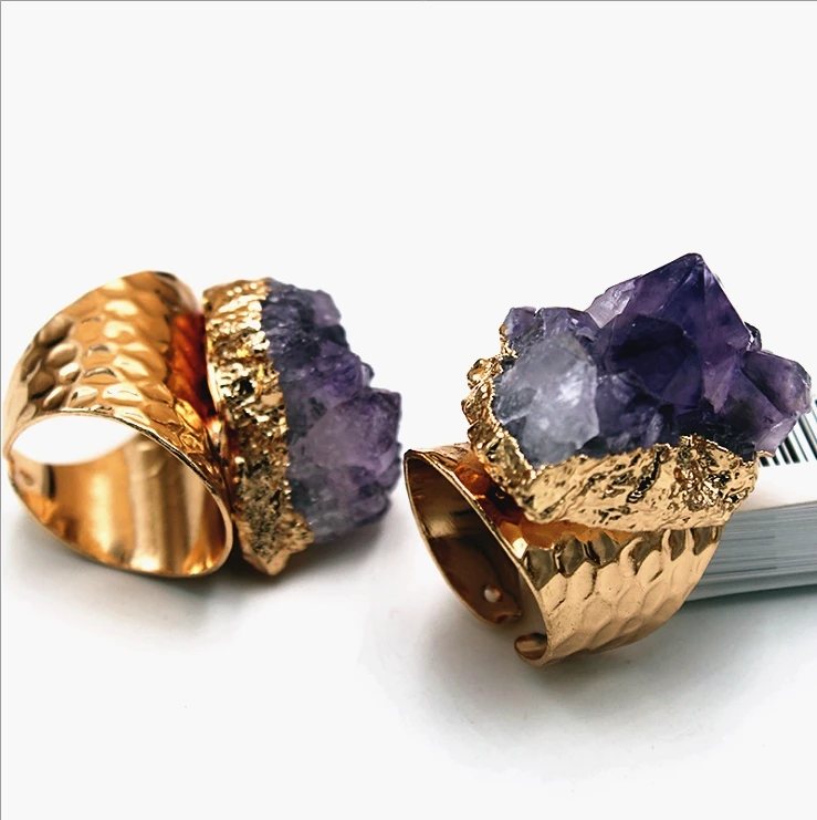 

Natural amethyst Druzy Rings Gold Plating crystal geode Ring Ajustable gemstone ring