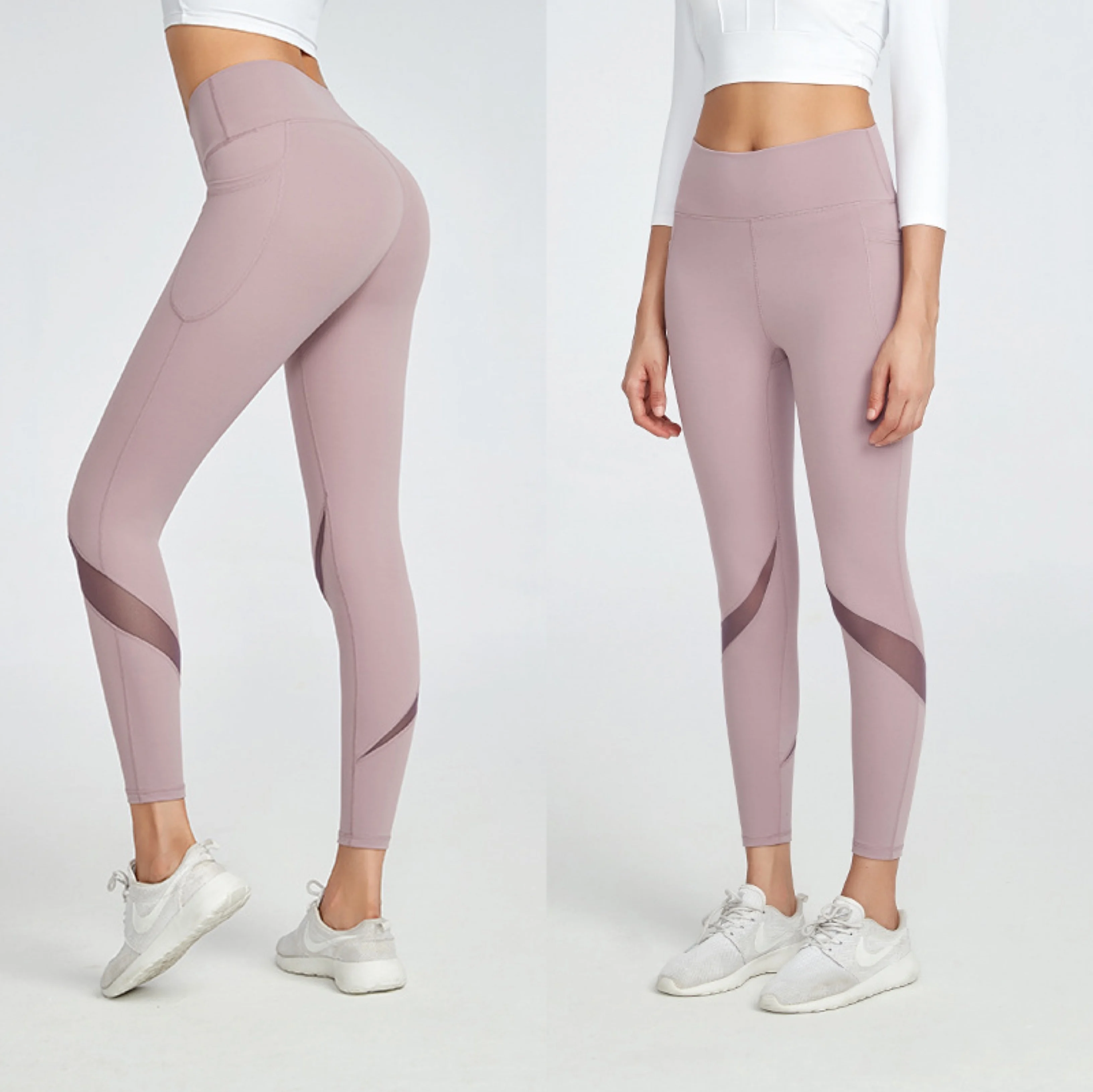 

Women's New Design Sexy Mesh Yoga Pants Legging For Workout, Light Purple Sports Wear High Waist Gym Leggings With Phone Pocket, 4 colors in stock for choosing