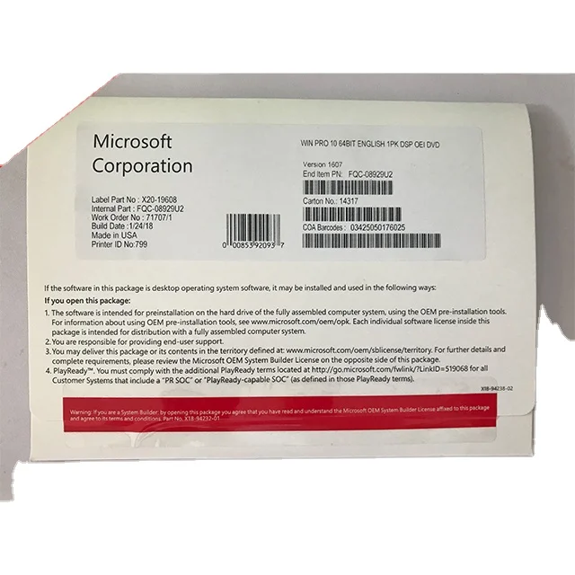 

English Spanish Italian Russian version Microsoft windows 10 Professional OEM full package windows 10 Pro DVD red label package