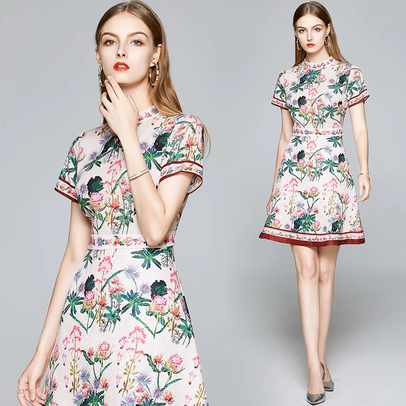 

In stock fashion short stand collar short sleeve floral print slimming guangzhou clothing elegant dresseses women elegant summer, Picture color