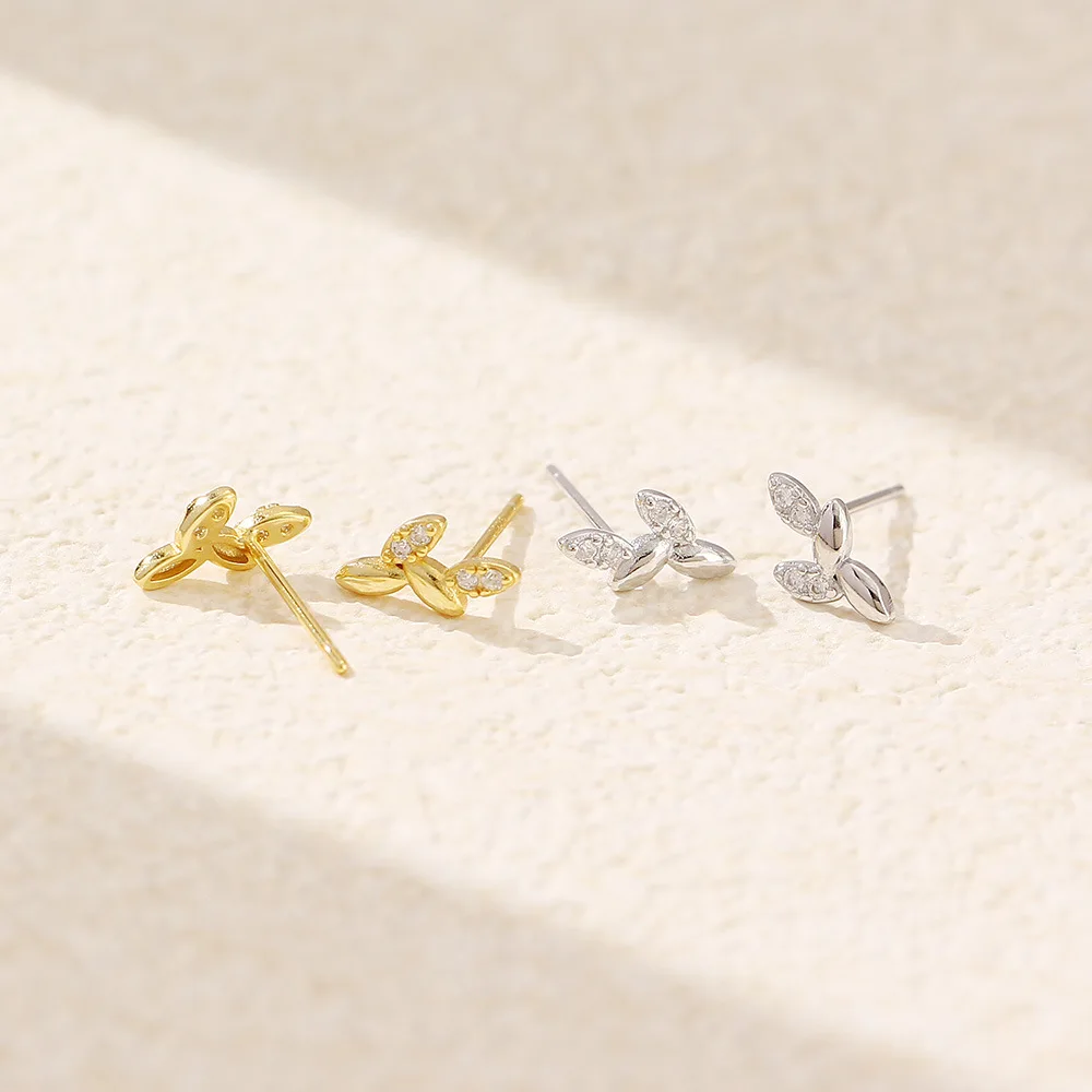NEW Fashion Jewelry 925 Sterling Silver Irregular Leaf Shape Diamond Cubic Zircon Gold Plated Stud Earring Jewelry for Women
