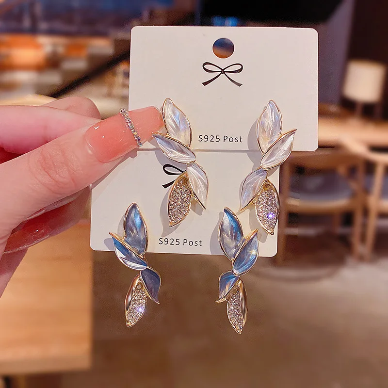 Leaf Earrings French Earring Sets for Women Jewelry Luxury Super Fairy Rhinestone Earrings Stud