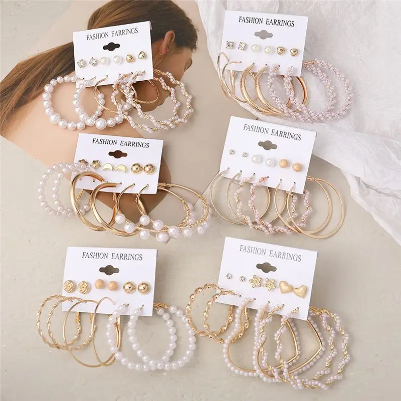 

Vintage Geometric Gold Pendant Earring Set Fashion Pendant Pearl Earrings Women's Jewelry