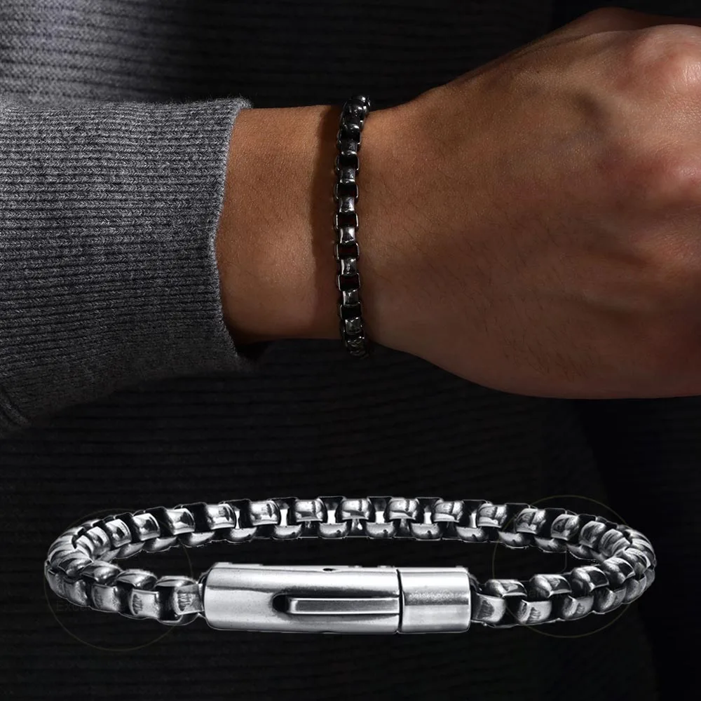 

Hip hop Men Simple Jewelry Wristband Gift Stylish Vintage Color 6MM Wide Metal Link Stainless Steel Box Chain Bracelet