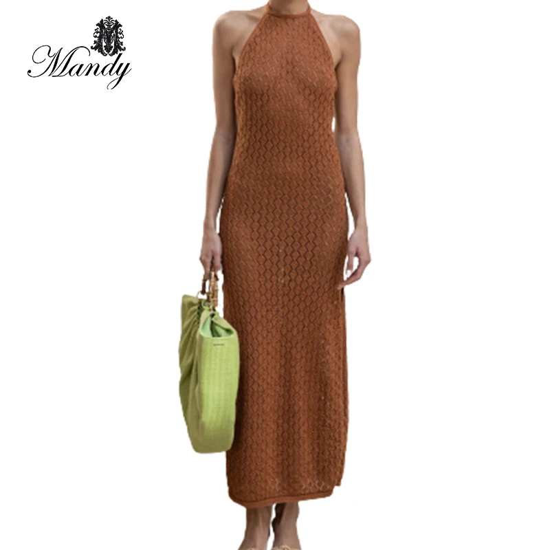 

long sleeveless halter backless knit lady fashion 2021 woman maxi dresses