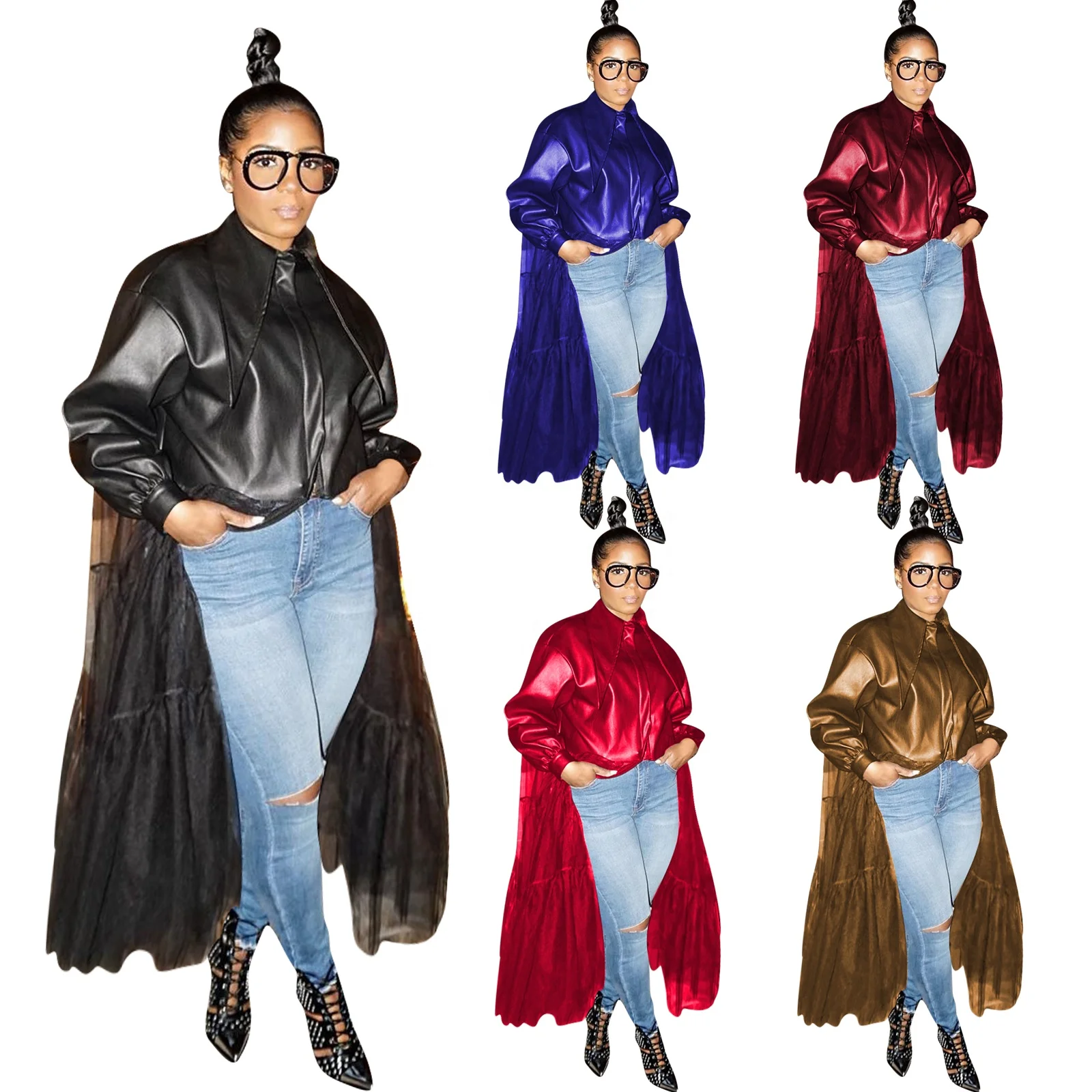 

Women's Faux Leather Jacket Women Zip-up Jacke With Gauze Stitching