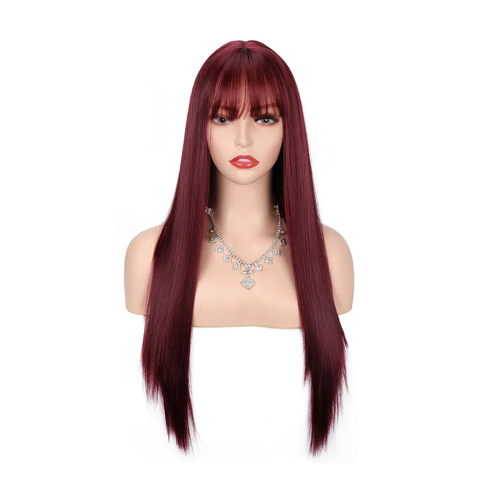 

Wholesale Long straight machine made Black pink Synthetic Fiber Wig , Synthetic Wig With Bangs