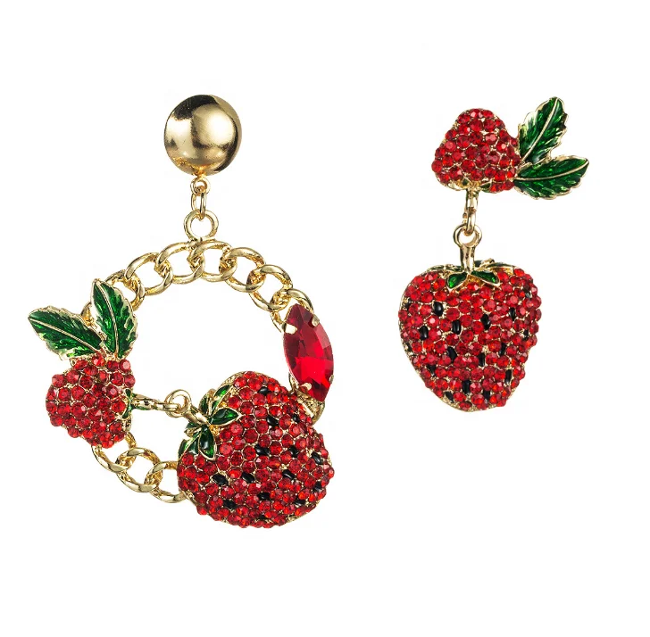 

Fashion Red Rhinestone Large Size Irregular Strawberry Earrings For Women, Picture shows