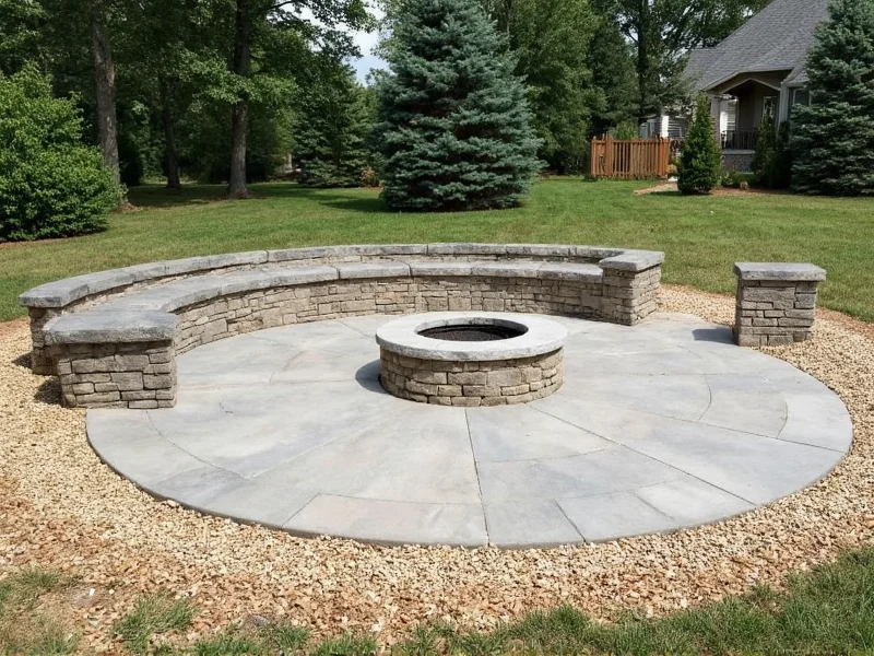 Completed concrete ring fire pit with seating arrangement