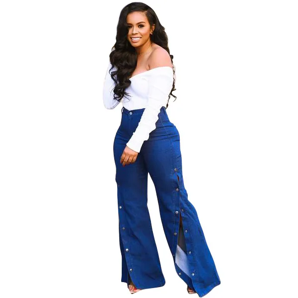 

Factory Direct Sales Fashion Design Good Stretch Casual Loose Fitness Rivet Boot Cut Long Women Flare Pants, Blue