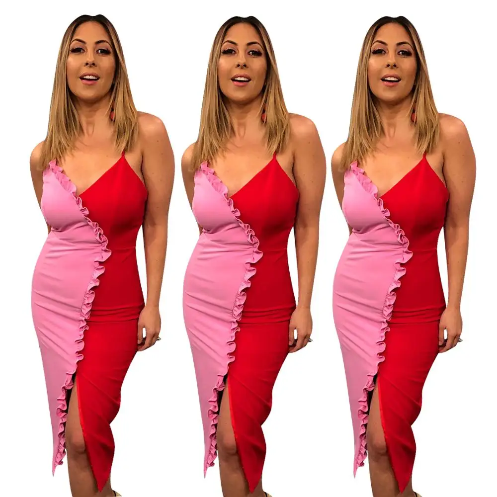

2020 New fashionable v-neck pink and red color Intermediate split women sexy dress nightclub FM-Y8002, As picture shown