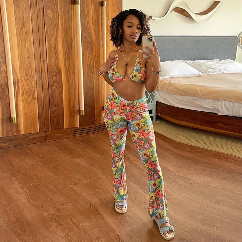 

New arrivals casual lace up floral print mesh flare two piece sexy pants set