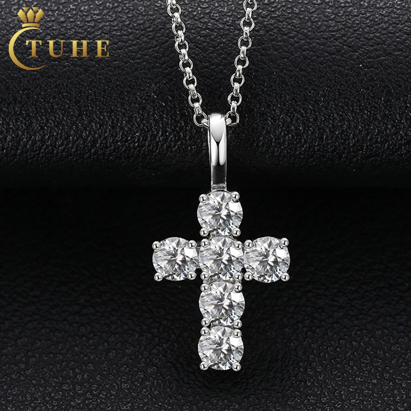Bling Iced Out Mens Women Jewelry Gift 925 Sterling Silver Christian Pendant 4mm VVS Moissanite Cross Pendant Necklace