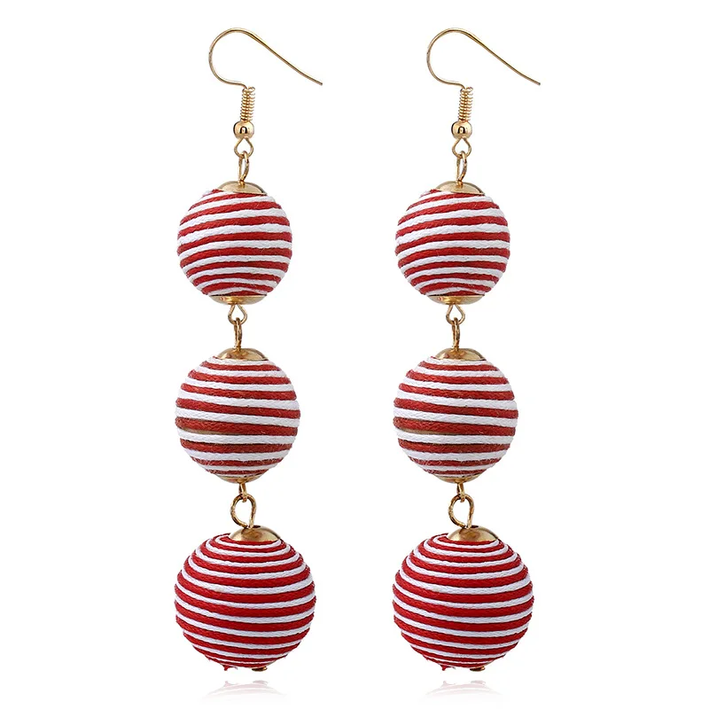 

High Quality Women Handmade Statement Drop Earrings White and Red Stripe Triple Thread Wrapped Ball Dangle Earrings, White and black or white and pink