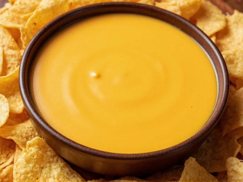 Smooth golden nacho cheese in ceramic bowl with chips
