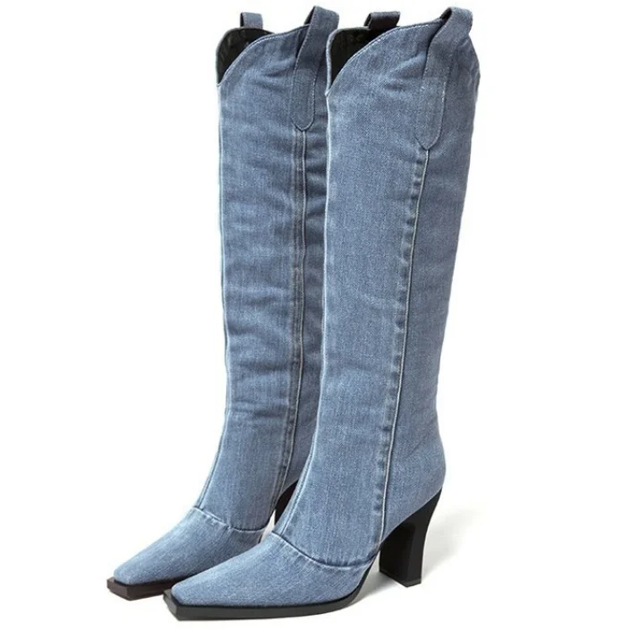 

Dropshipping Custom Logo Women's Knee High Cowboy Boots Spring Fashion Denim Block Heels with Chunky Style