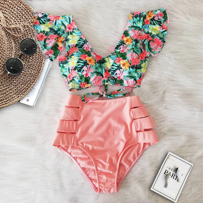 

Sexy Bikinis 2020 New Double Shoulder Ruffle Bikini Set High Waist Swimwear Women Swimsuit V-Neck Bathing Suit Beach Wear Swim, White black