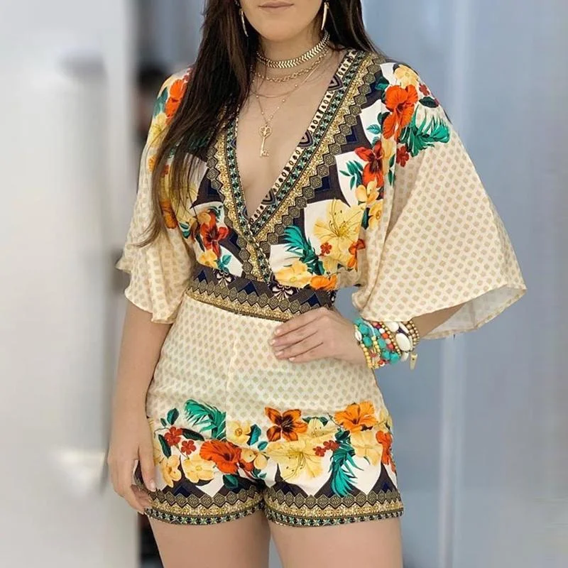 

B3507 2021 Women clothing autumn Deep V Neck Floral Half Sleeve Romper