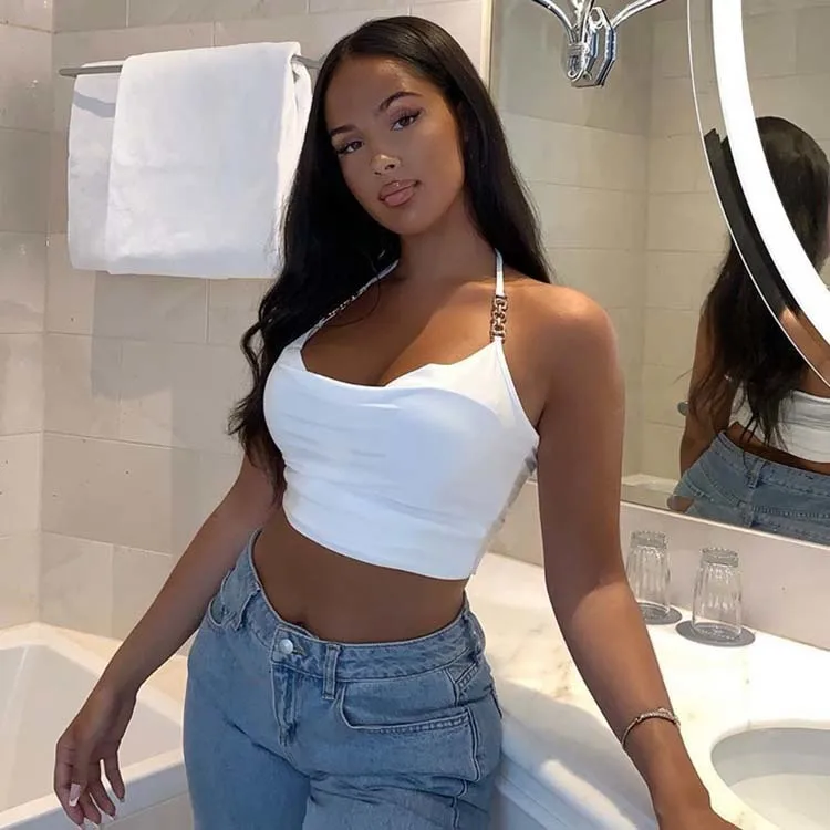 

2021 Women Clothing Fashionable Ladies Casual Sexy White Black Solid Cropped Tank Sleeveless Halter Crop Top -HQ