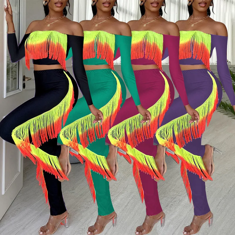 

WB9085 New design tassel slash neck women's two piece clothing set long sleeve two piece outfits women plus size women 2pc set