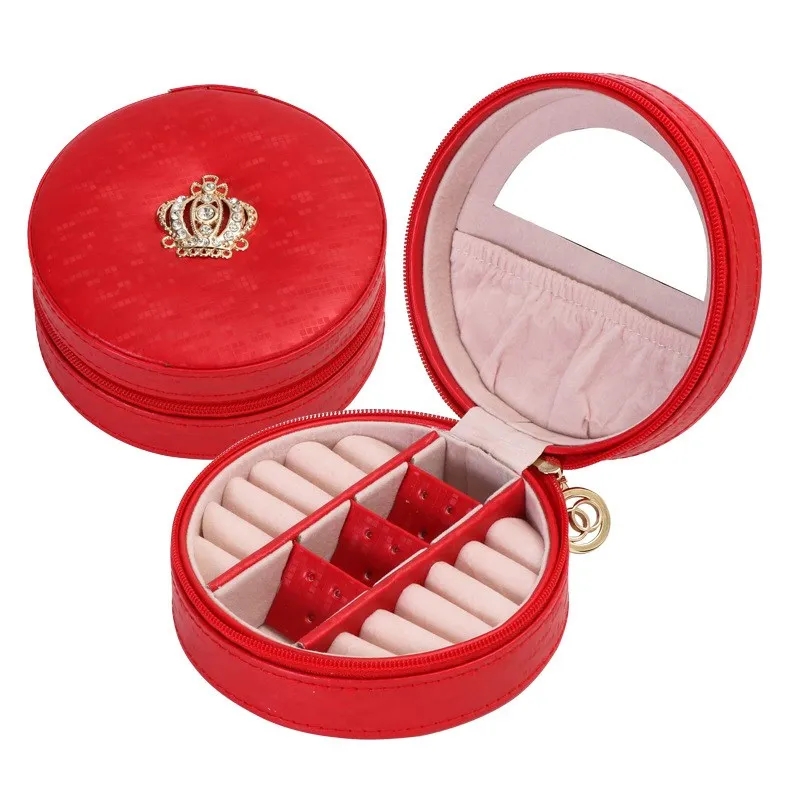 

Personalised Custom Round Zip Mirror Jewellery Organizer Genuine Leather Travel Crown Storage Case Jewelry Box, White/purple/red