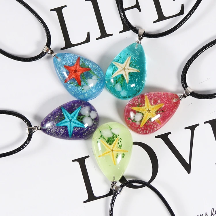 

Vintage Korea Paraffined Cute Glow Dark Ocean Necklace Real Sea Starfish Resin Pendants For Kid