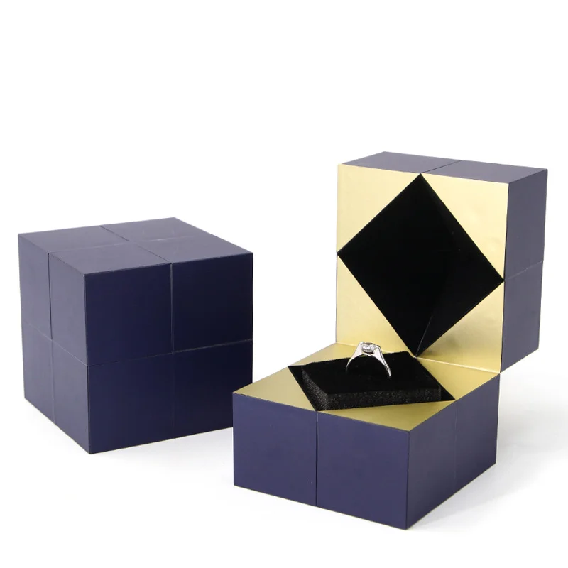 

Luxury Puzzle Cube Rotating Jewelry Ring Box Packaging Ready To Ship, Blue