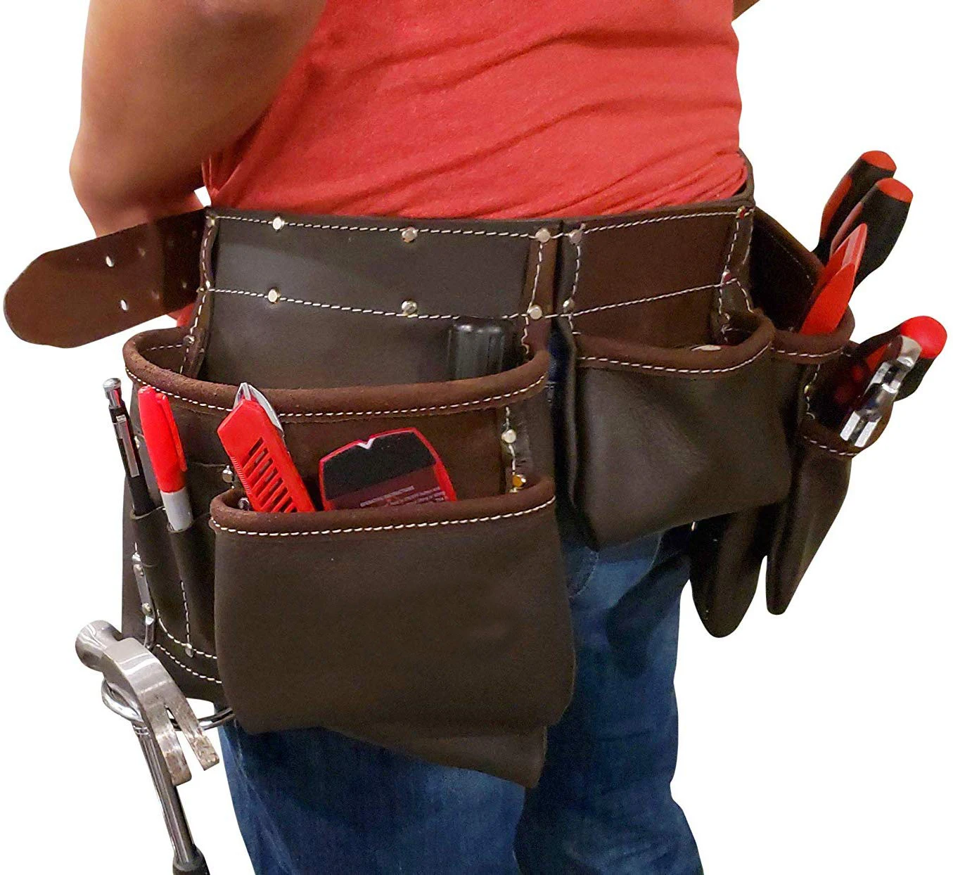 RED Heavy Duty 14 Pocket Professional Double Pouch two Tone Leather Tool Belt 