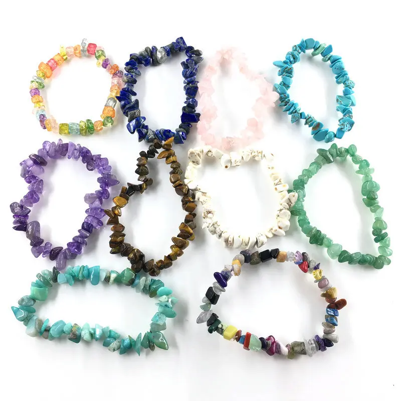 

omen Colorful Natural Stone Crystal Gravel Bracelet 7 Chakra Healing Chips Strand Irregular Bead Bracelets, Picture shows