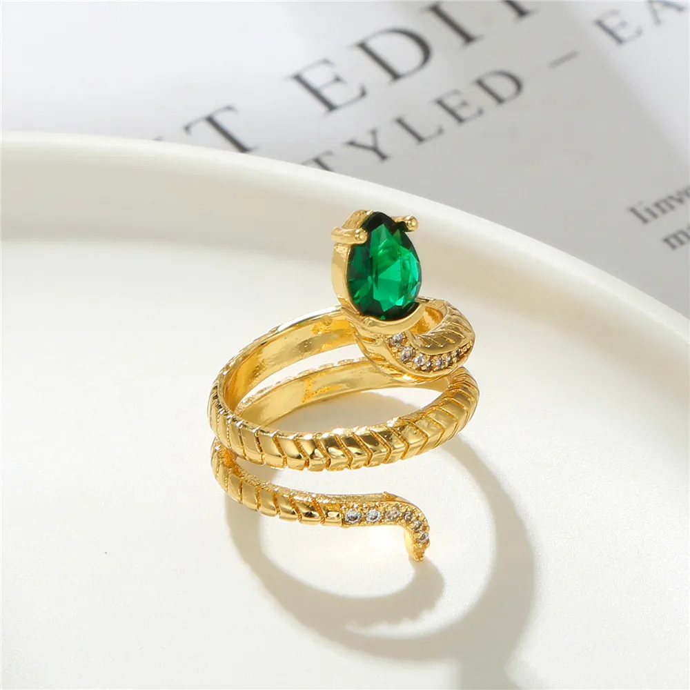 

MAIXI Copper Zircon Emerald Gemstone Crystal Zodiac Cute Real Gold Plating Opening Adjustable Snake Ring Jewelry For Men Women