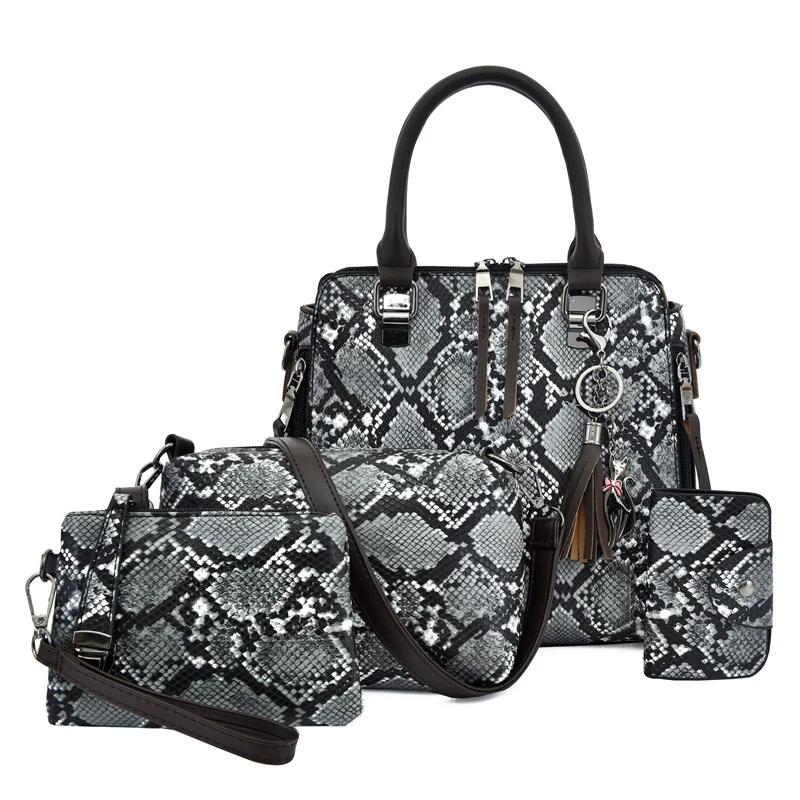 

2020 Hot sale serpentine 4pcs woman hand bag set ladies hand bags hand bag set, Khaki,brown,blue,black,red