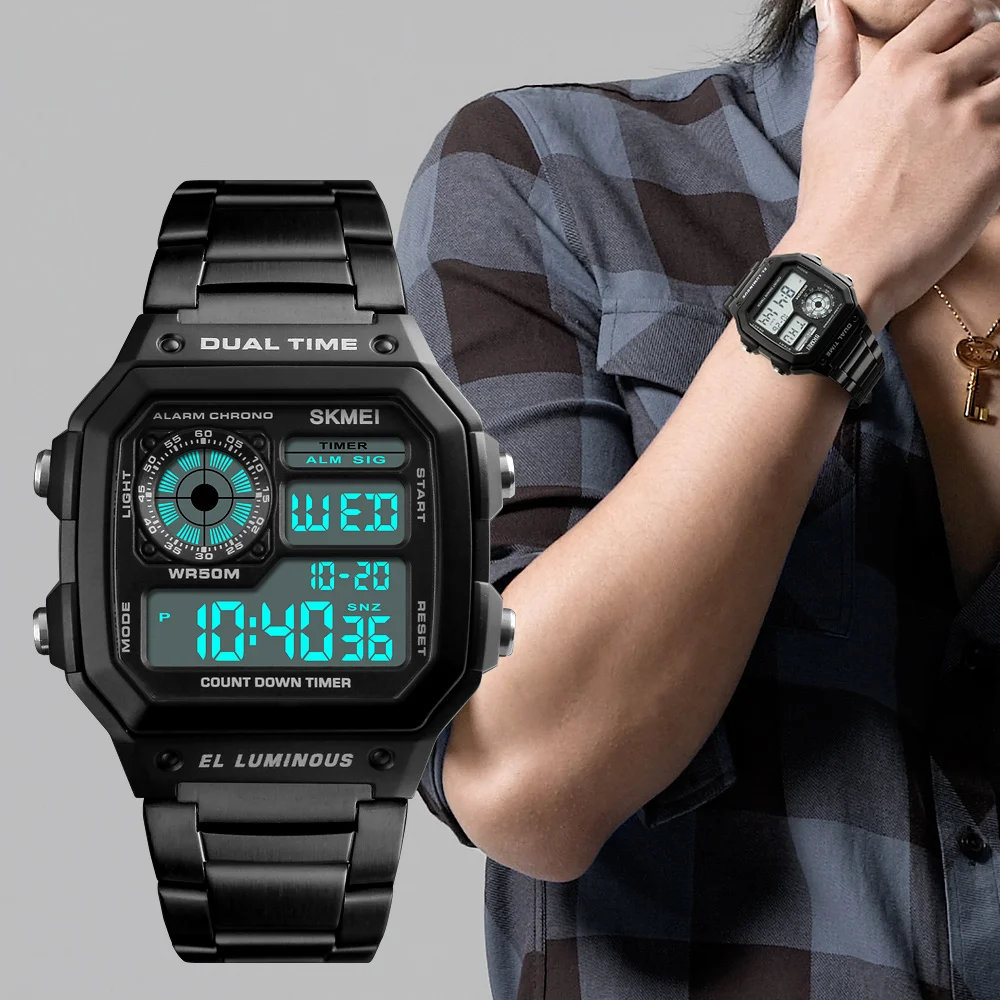 Promotional SKMEI 1335 Wristwatch 50M Waterproof Men Wrist Stainless Steel Resin Mirror Chrono Cheap Relojes Hombre