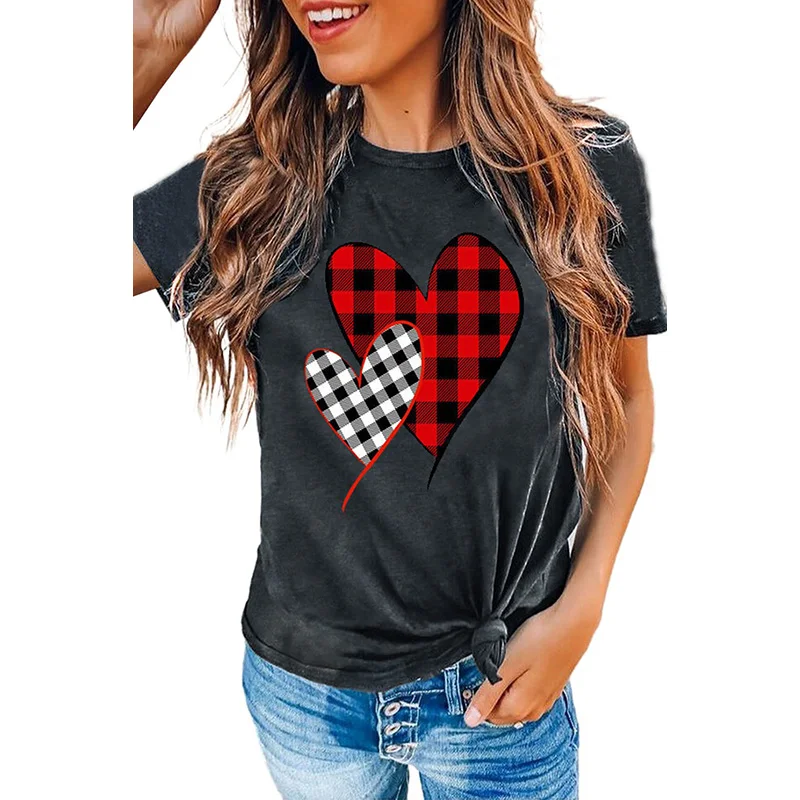 

Factory Wholesale High Quality Women's Plaid Print Tee Summer Graphic T Shirts Women, Customized plaid heart tee