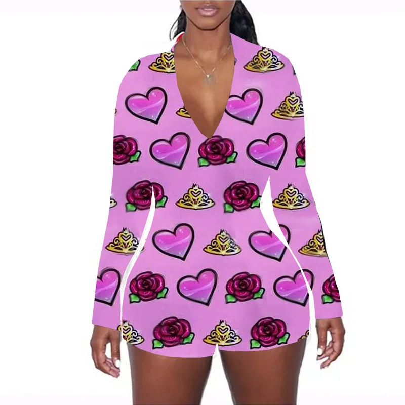 

2021 New Style Women onesie pajama birthday valentines Love Printed Onesie Pajamas Long Sleeve Pajamas Short Valentines onesie, Picture shows