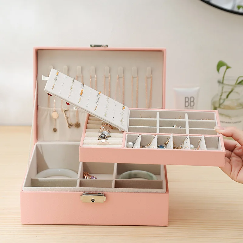 

Blue Leather PU Two-Layer Jewelry Box Organizer Display Storage Case Pink Earrings Bracelet Necklace Jewelry Travel Case Box
