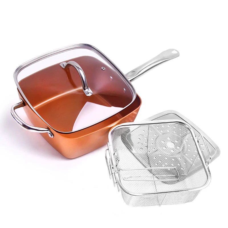 

9.5 Inch 4Pcs Induction Copper Ceramic Non-Stick Square Grill Frying Pan Fry Basket Steam Rack Set