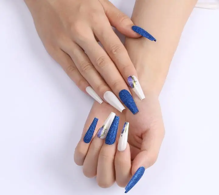 

Blue Gold Foil Coffin Nail Long Ballet Removable Artificial Fingernails, 2 colors