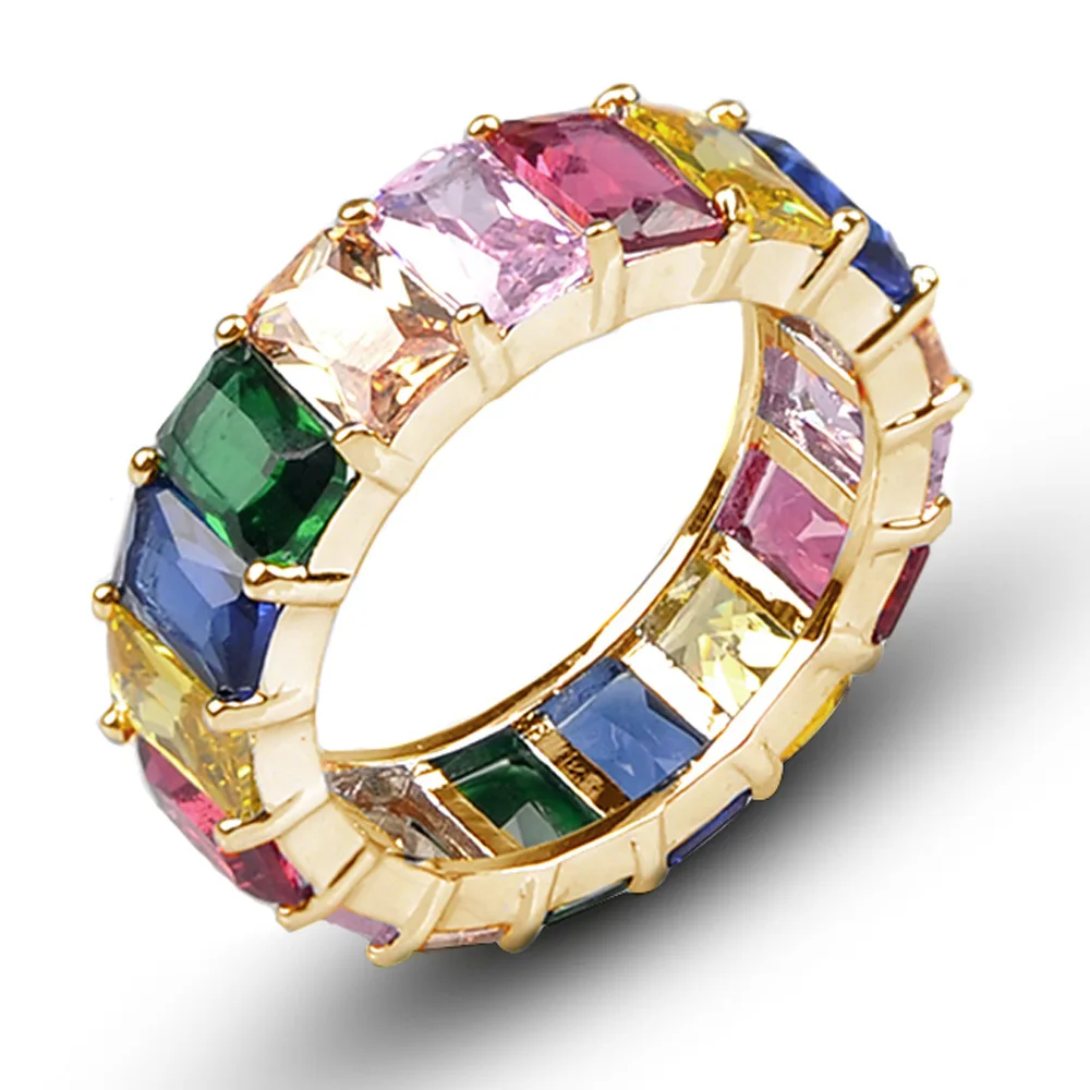 

New Arrival Creative Colorful Cubic Zirconia Ring 18K Gold Plated Bling Bling CZ Crystal Rainbow Finger Ring